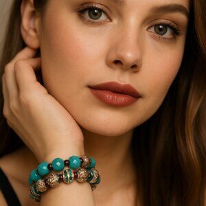 Signed Erimish Turquoise and Silver Tone Crystal Stretch Stackable Bracelet Set